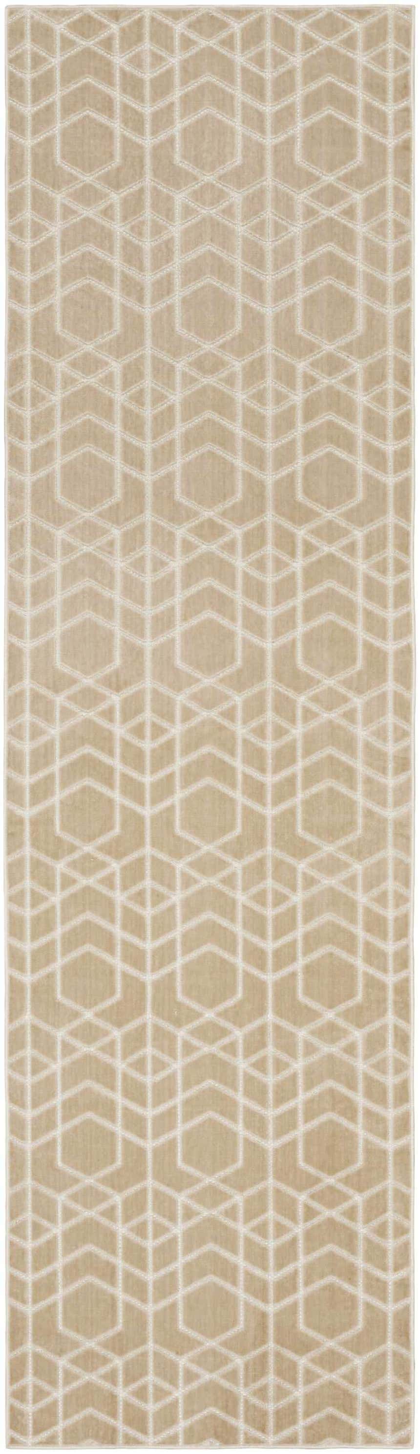 Close-up of the Nourison Charm Beige Ivory rug, showcasing its geometric pattern and soft, neutral colors.