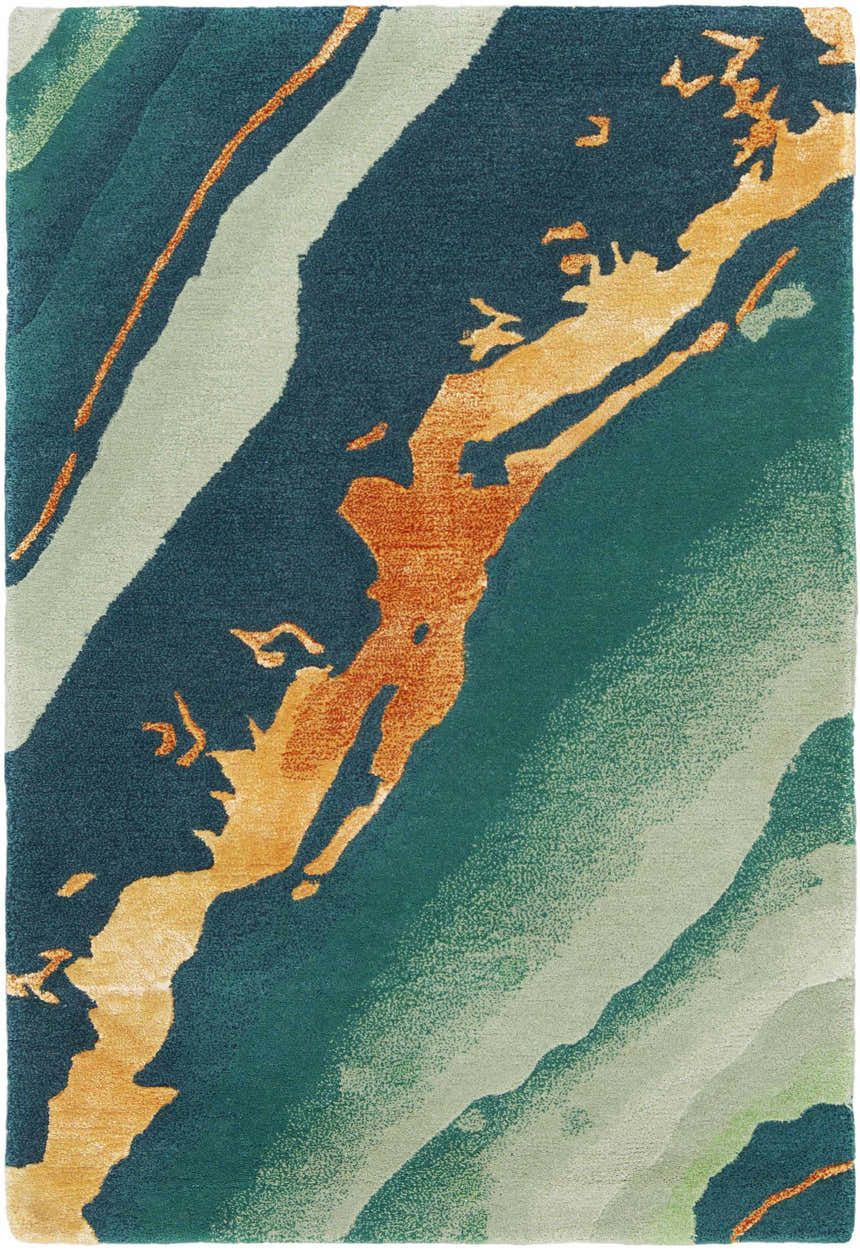 Close-up of the Nourison Prismatic Emerald Rug. Abstract design in light green, teal, and gold. Mid-century modern style.