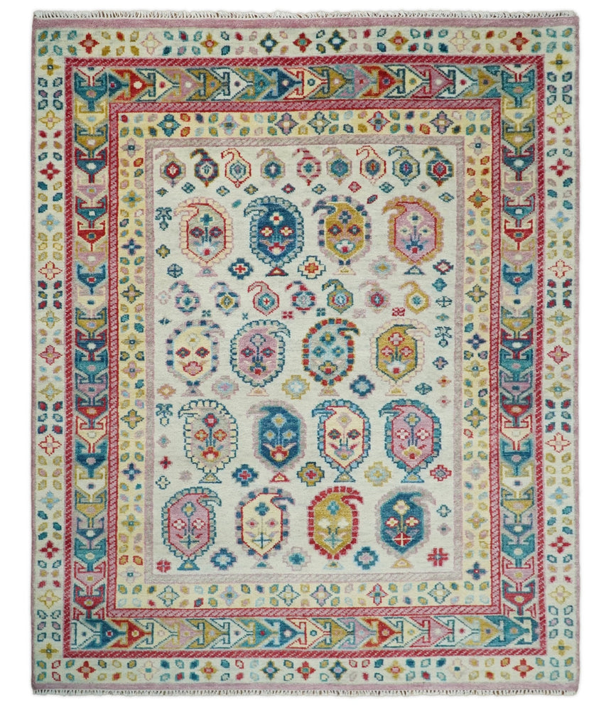 Eclectic Vibrant Colorful Ivory, Teal, Gold and Maroon Traditional boteh design Hand knotted Multi Size wool Area Rug