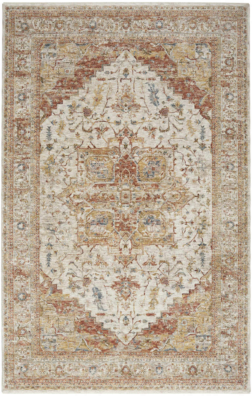 Close-up of Nourison Sahar Ivory Rust Vintage Indoor Area Rug. Features chestnut, ivory, and rust tones in a distressed, floral pattern.