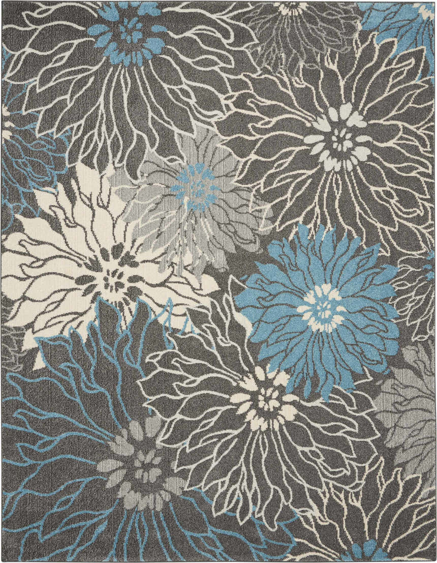 Close-up of Nourison Passion Charcoal Blue rug featuring a floral pattern in shades of taupe, blue, gray and white.