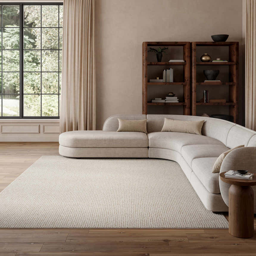 Living room scene with a Nourison Natural Texture Ivory Beige rug, curved sofa, wood floors, and bookshelf.