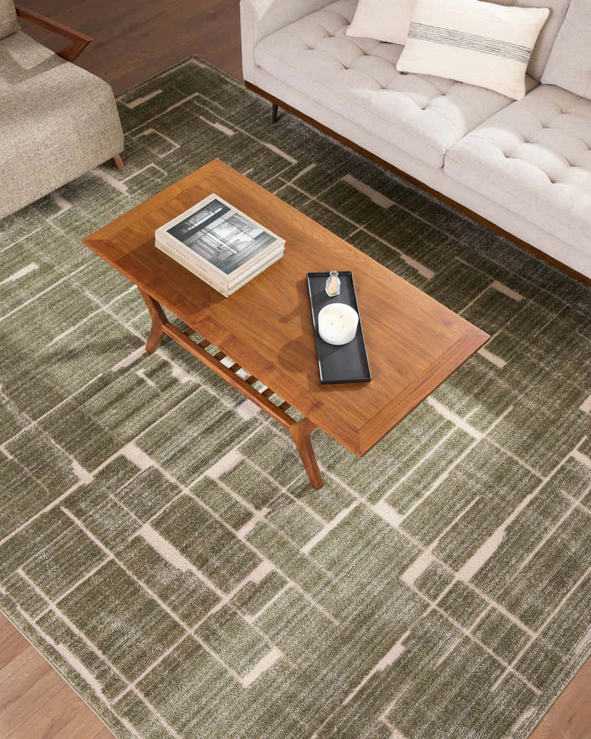 Living room scene with Alma Machine Woven Elle Decor rug in medium brown and olive, sofa, and wood coffee table. Roomscene-Rectangle