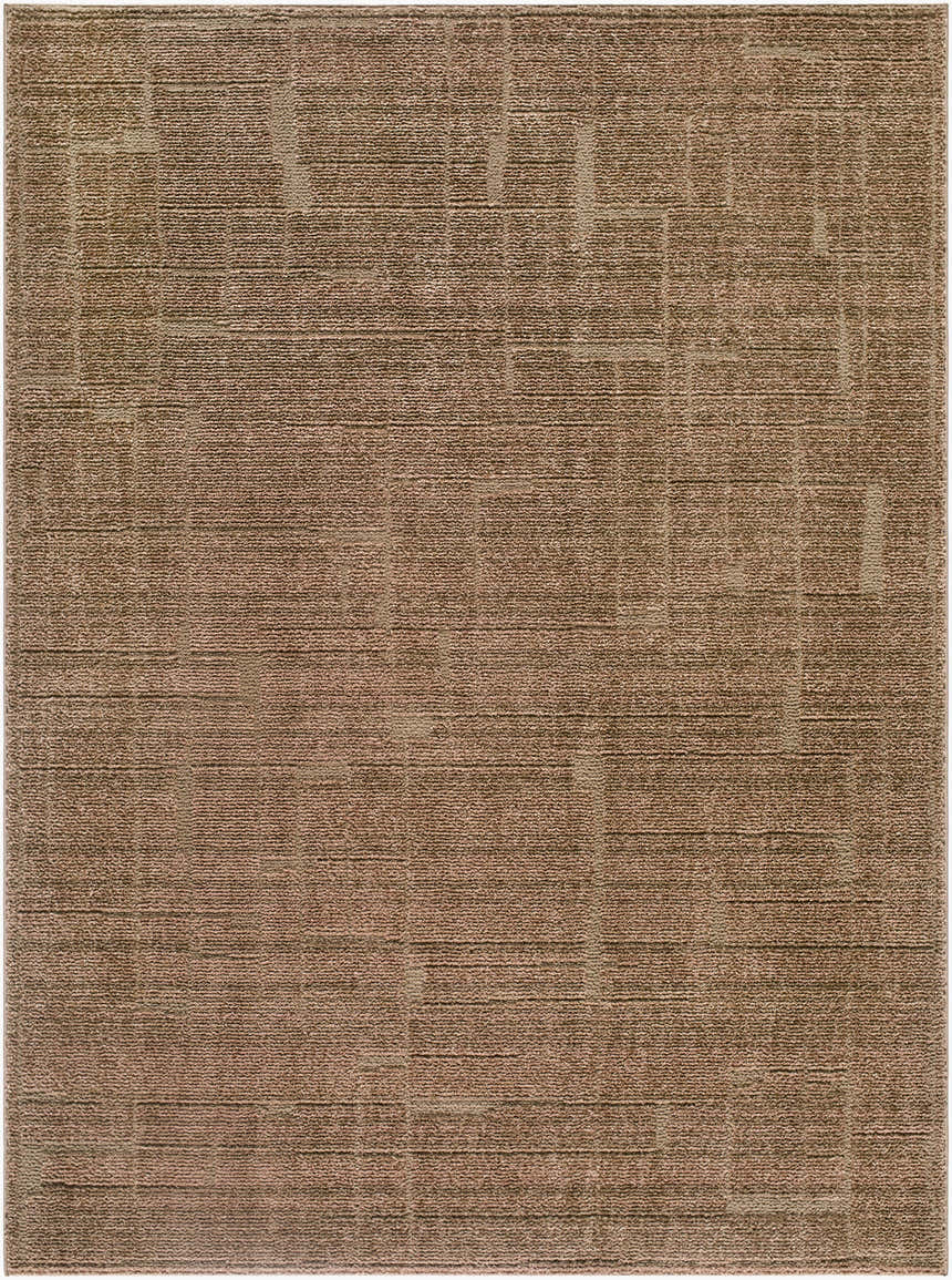 Close-up of the Kathan Area Rug. Dark brown rug with a subtle, contemporary geometric pattern. Machine woven texture. Design-Rectangle-537