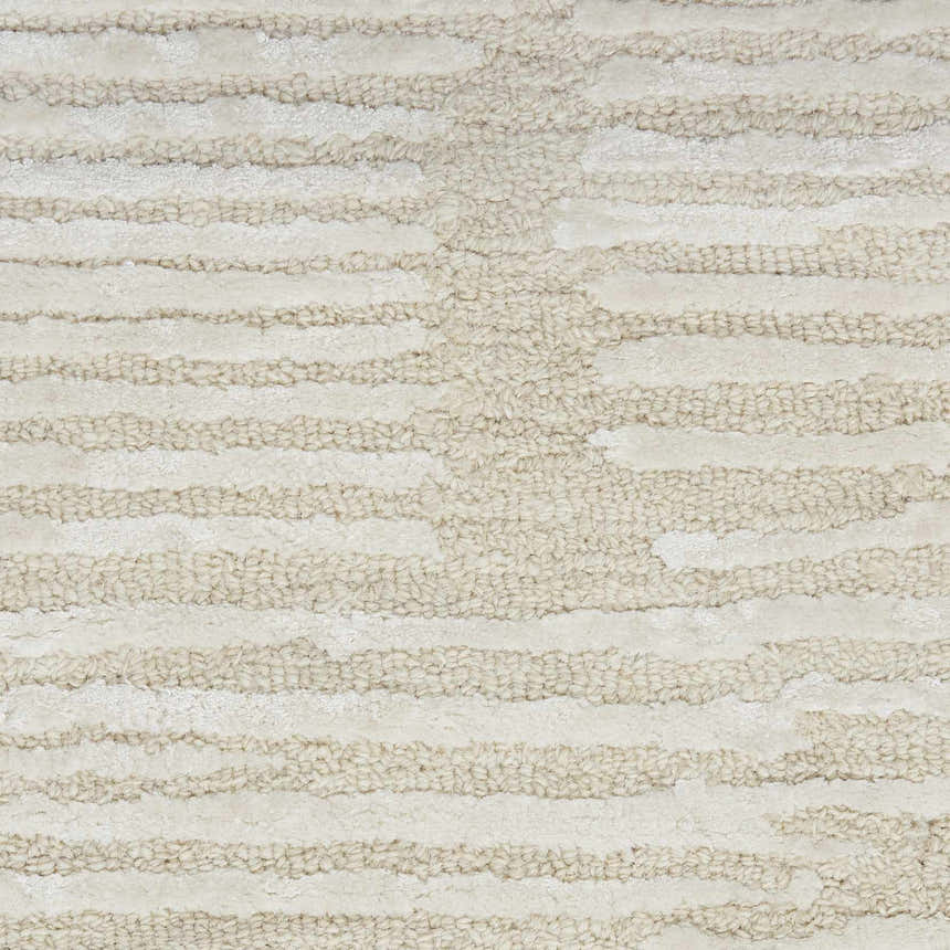 Close-up of the Calvin Klein CK010 Linear Ivory rug. Shows the wool texture and chestnut linear pattern.