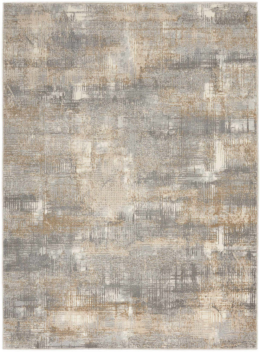 Close-up of Calvin Klein CK950 Rush Grey Beige rug, featuring a high pile and modern, abstract design in gray, beige, and ivory.