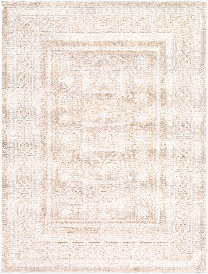 Close-up of the Elodia Area Rug. Beige and ivory tones with a subtle, geometric pattern. Design-Rectangle-537