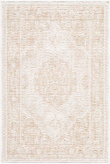 Close-up of the Rijii Cream Medallion Area Rug. Beige and ivory polyester rug with a subtle, contemporary medallion pattern. Design-Rectangle-221