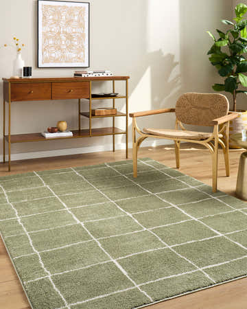 Living room scene with Vanai Olive Abstract rug, wood console table, woven chair, and fiddle leaf fig. Roomscene-Rectangle