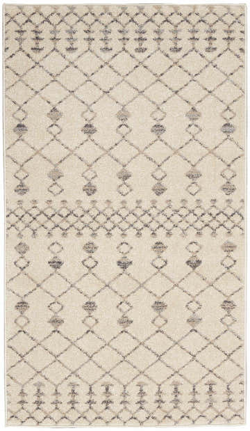 Close-up of Nourison Palermo Beige Gray rug. Bohemian diamond pattern with soft, neutral colors.
