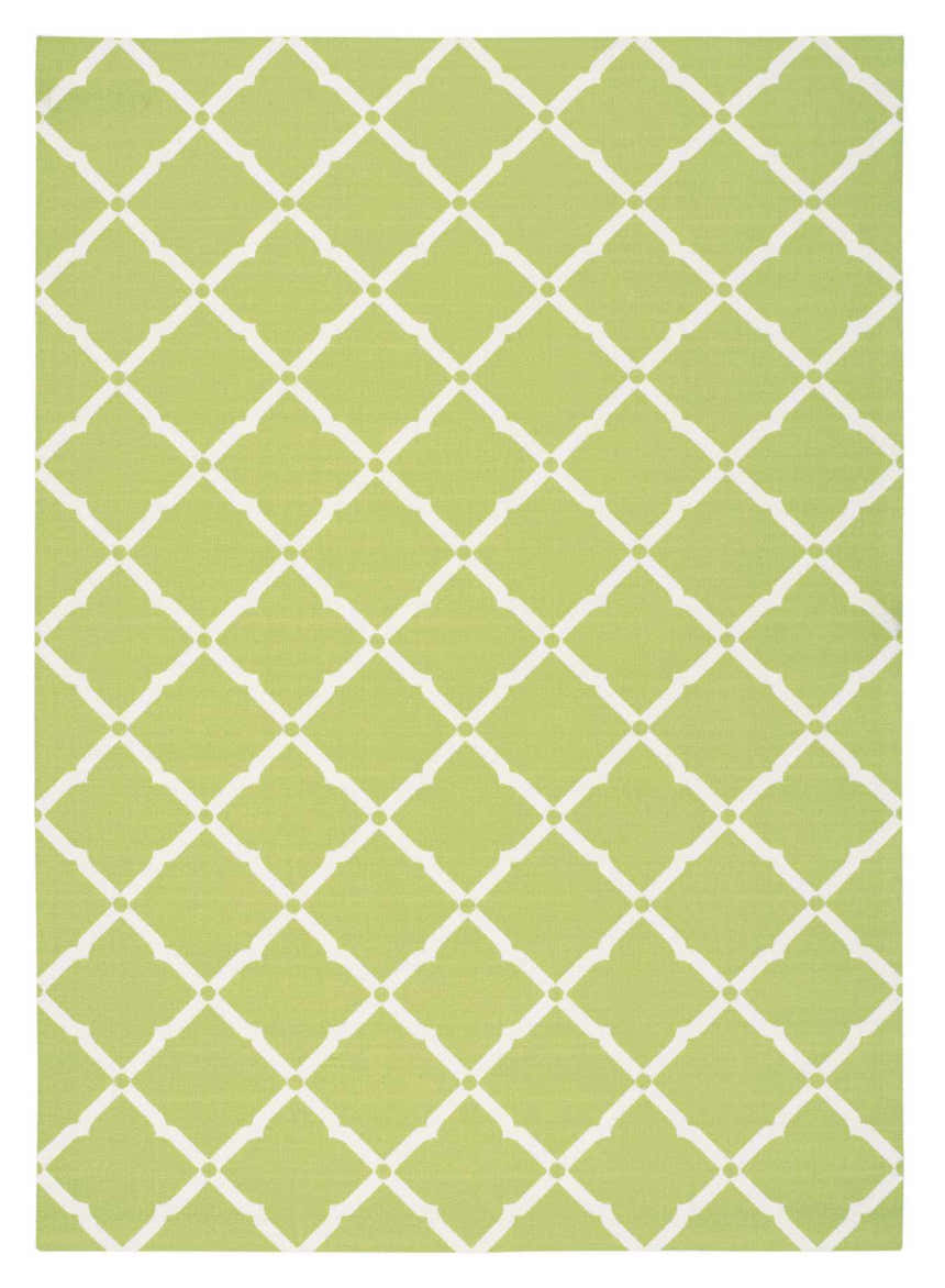 Close-up of Nourison Home & Garden Light Green Area Rug. Contemporary trellis pattern in light green and white.