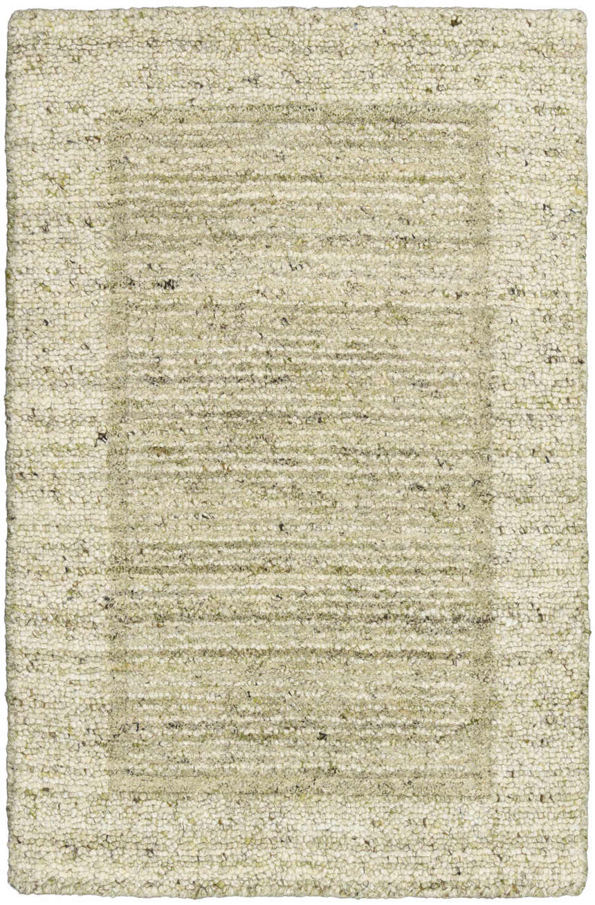 Close-up of Calvin Klein CK082 Ridge Sage Ivory rug. Farmhouse style with textured wool and cotton in soft sage and ivory tones.