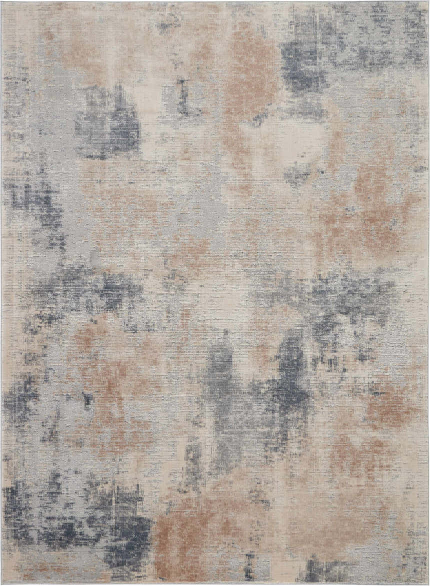 Close-up of the Nourison Rustic Textures rug; beige, gray, and brown abstract pattern. Mid-century modern style.
