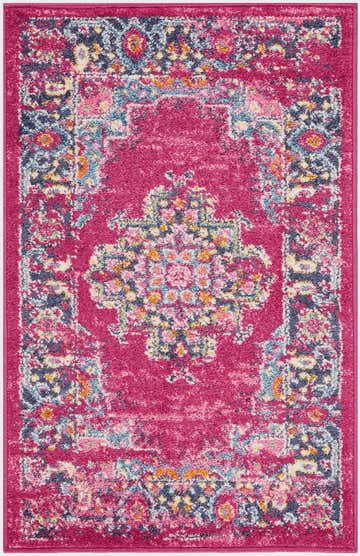 Close-up of Nourison Passion Fuchsia rug. Bohemian style with floral pattern in fuchsia, blue, pink, and orange tones.