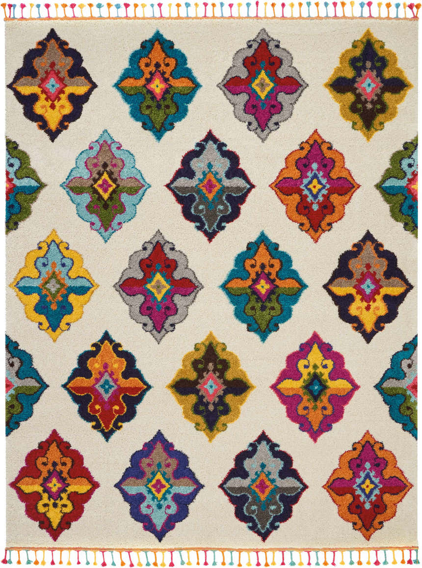 Close-up of Nourison Nomad Ivory Multicolor Floral Area Rug with colorful diamond pattern and tassel fringe.