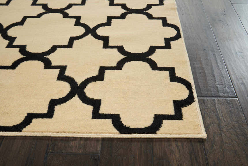 Close up of Nourison Grafix Cream Black Moroccan Indoor Area Rug showing geometric pattern and texture.