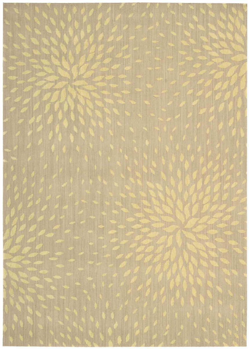 Close-up of the Nourison Capri Beige Floral rug, featuring a repeating burst pattern in soft yellow on a neutral beige background.