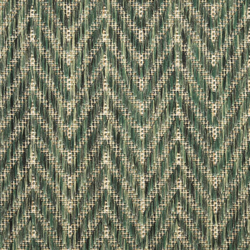 Close-up of Nourison Horizon Green rug showing the textured, mid-century modern, chevron pattern.