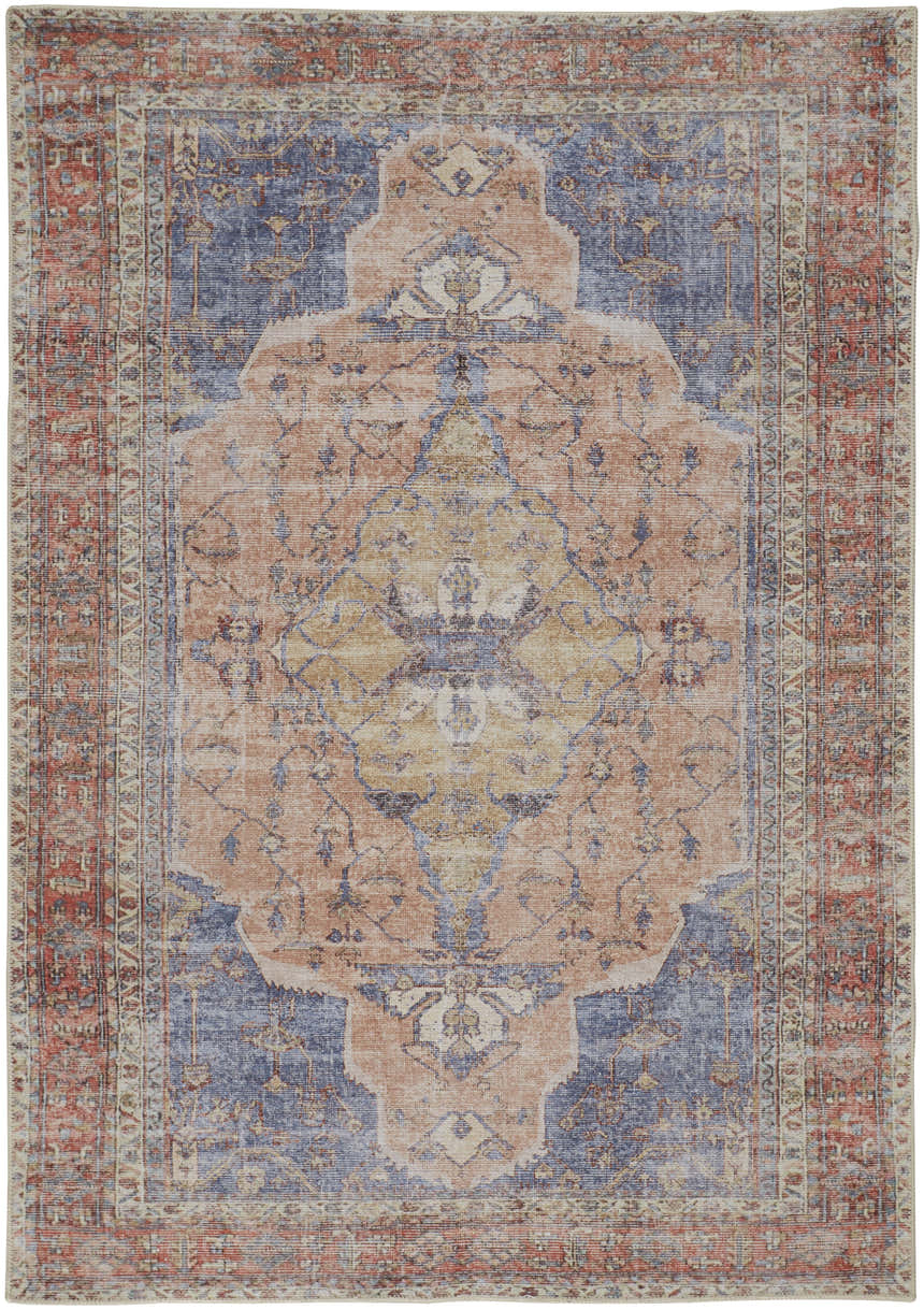 Feizy Percy Transitional rug in red, tan, and blue. Medallion pattern with a vintage, distressed look. Design-Rectangle