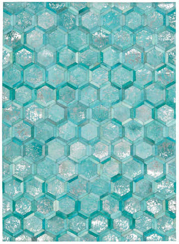 Close-up of the Michael Amini City Chic Turquoise rug. Aqua hexagons create a modern, geometric pattern. Leather and woolen cloth texture.