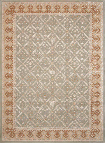 Handmade Nourison Symphony Light Green rug with a diamond trellis pattern and a tan and brown floral border.