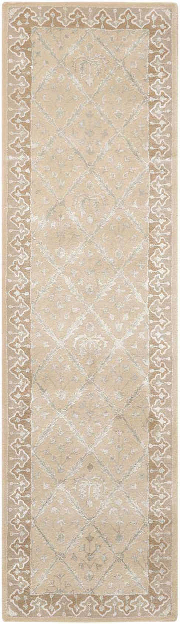 Close-up of Nourison Symphony Sand Indoor Area Rug. Sandstone color, handmade wool and luxcelle runner with a diamond pattern.