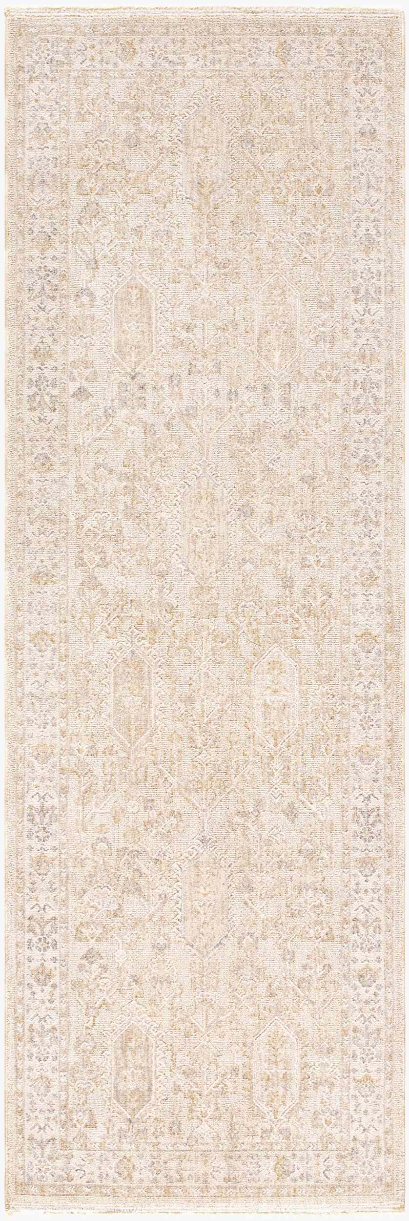 Detailed Rafee Tan Luxe Area Rug. Cream, ivory, tan and gray farmhouse rug with traditional geometric patterns. Design-Runner-27710