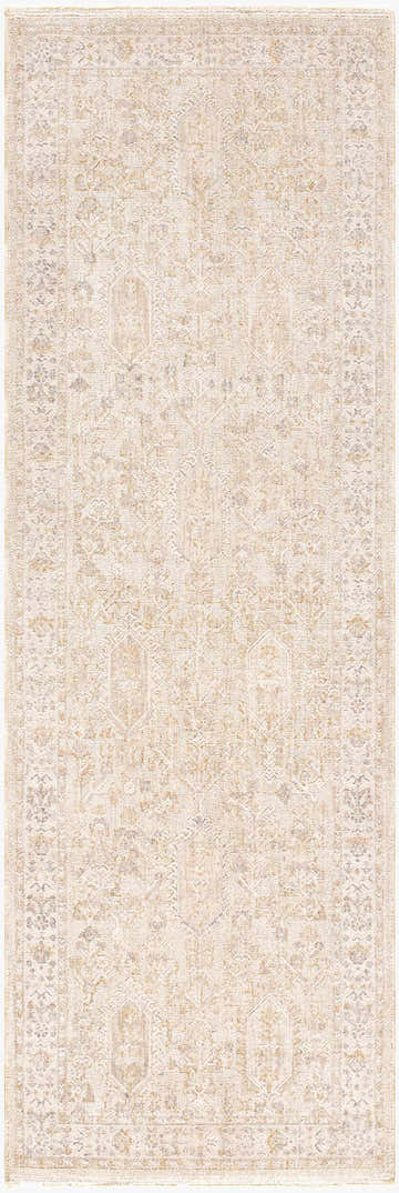 Detailed Rafee Tan Luxe Area Rug. Cream, ivory, tan and gray farmhouse rug with traditional geometric patterns. Design-Runner-27710