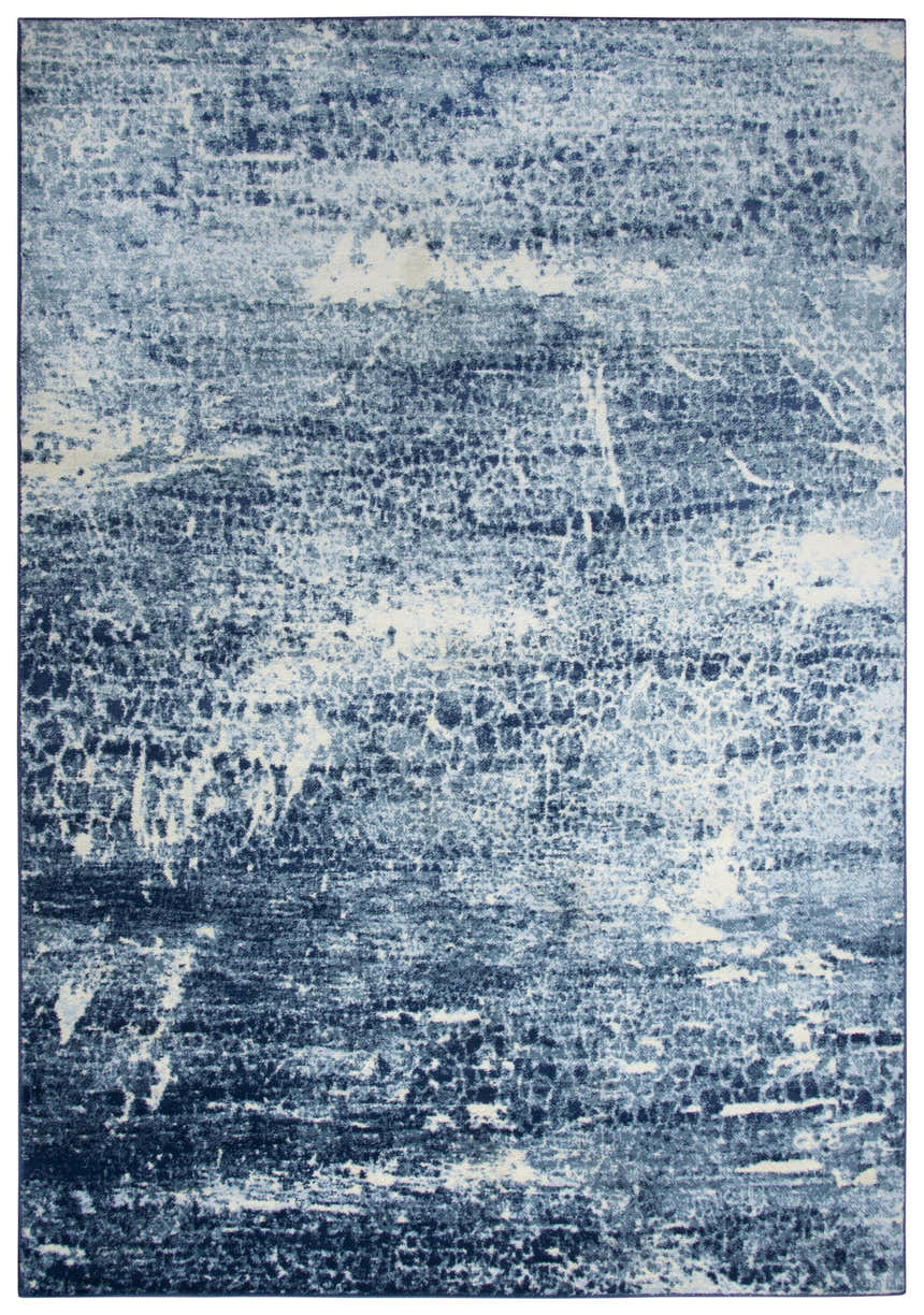 Close-up of Rizzy EN7262 area rug. Contemporary style with a distressed pattern in blue, ivory, and navy. Design-Rectangle