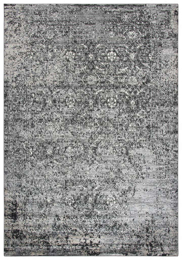 Close-up of the Rizzy EN7272 area rug featuring a distressed black, ivory, and light gray farmhouse design. Design-Rectangle