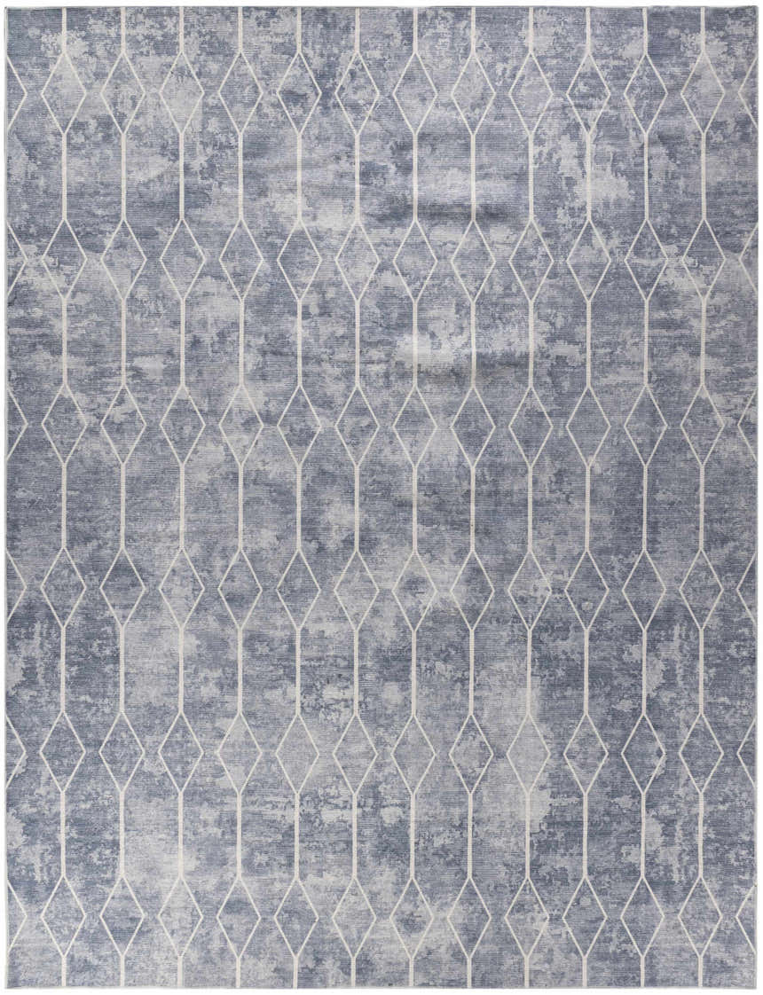 Close-up of Nourison New Concept Blue rug. Modern diamond trellis pattern on light blue, distressed-look background.
