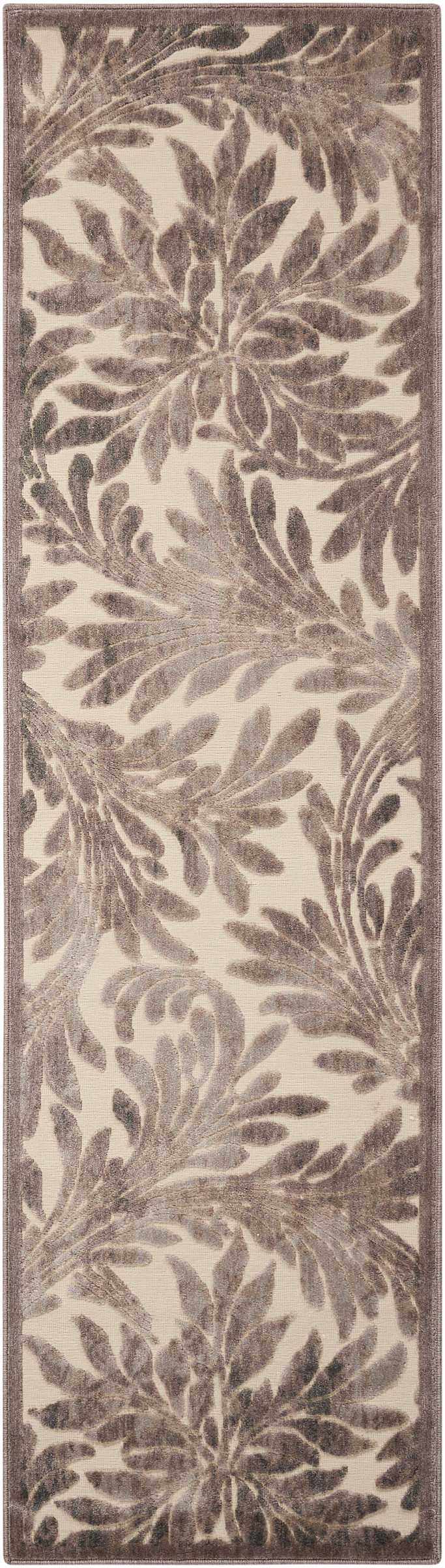 Close-up of Nourison Graphic Illusions Ivory runner rug, featuring a chestnut floral pattern on a neutral background.