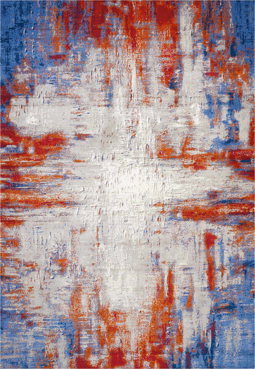 Close-up of the Nourison Twilight Ivory Multicolor rug, featuring an abstract chestnut, blue, and ivory pattern.