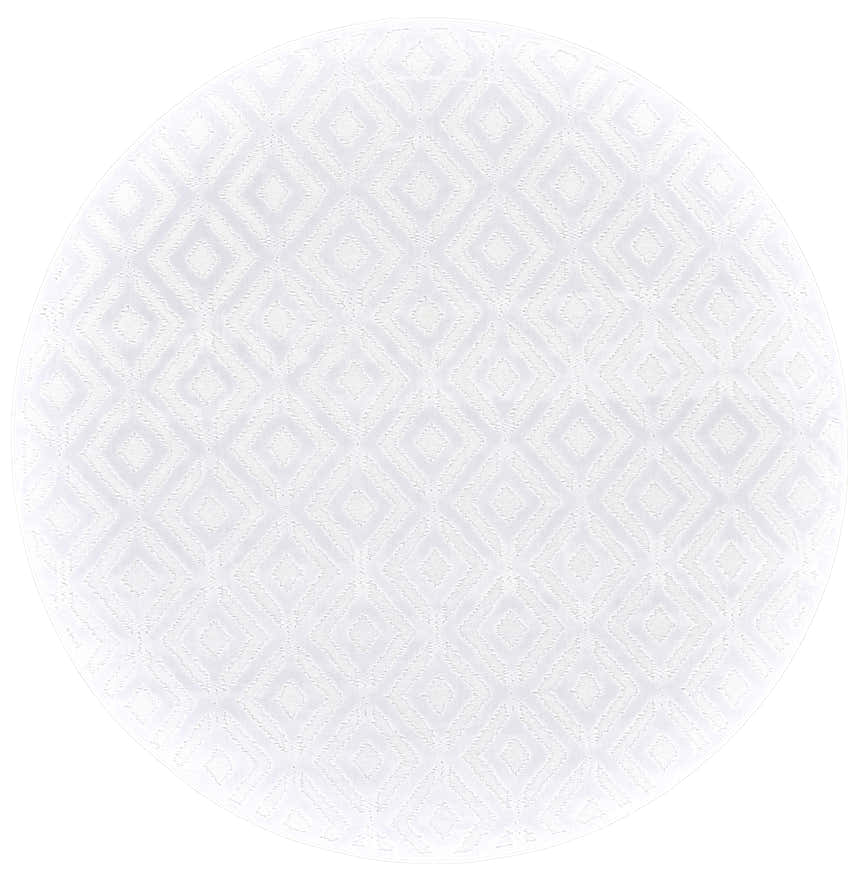 Close-up of a round, white Feizy Saphir Mira rug with a subtle geometric diamond pattern and soft, textured feel. Design-Round