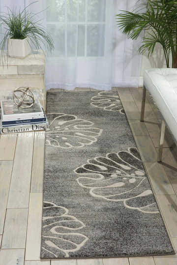 Entryway with a grey Nourison Maxell runner rug featuring a modern floral design.