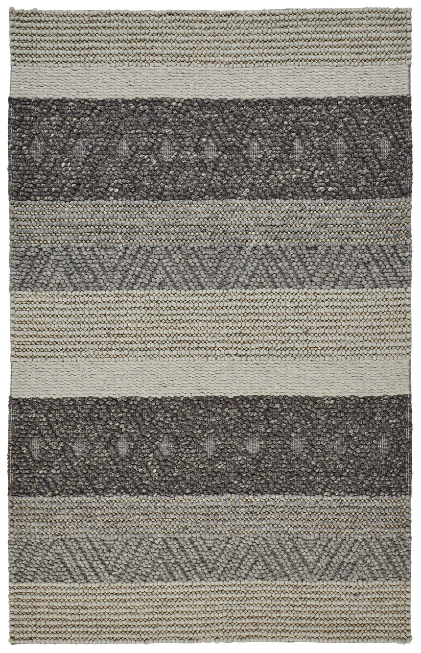 Close-up of Feizy Berkeley Transitional Stripes Area Rug; gray, taupe, and tan wool with a casual, farmhouse-style striped design. Design-Rectangle