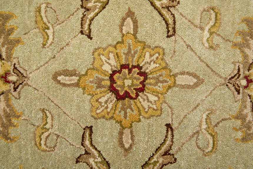 Close-up of the Feizy Wagner Traditional Oriental Area Rug, showcasing floral pattern and texture in tan, brown, and green. Texture