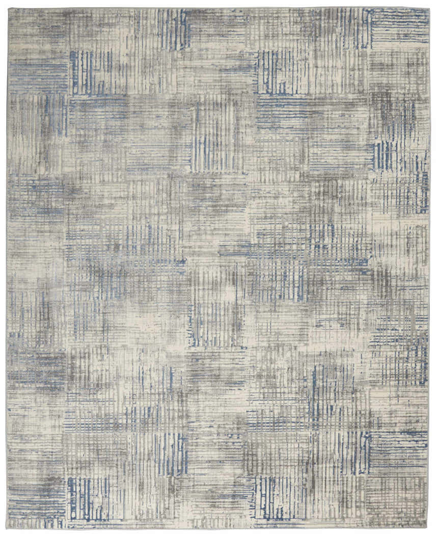 Close-up of Nourison Solace Ivory Grey Blue Rug. Modern design with chestnut, high pile texture.