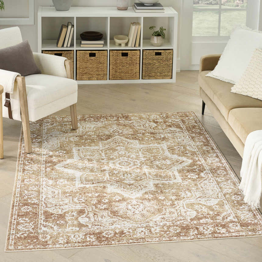 Living room with a rust vintage Nourison Astra area rug, beige sofa, and white armchair.