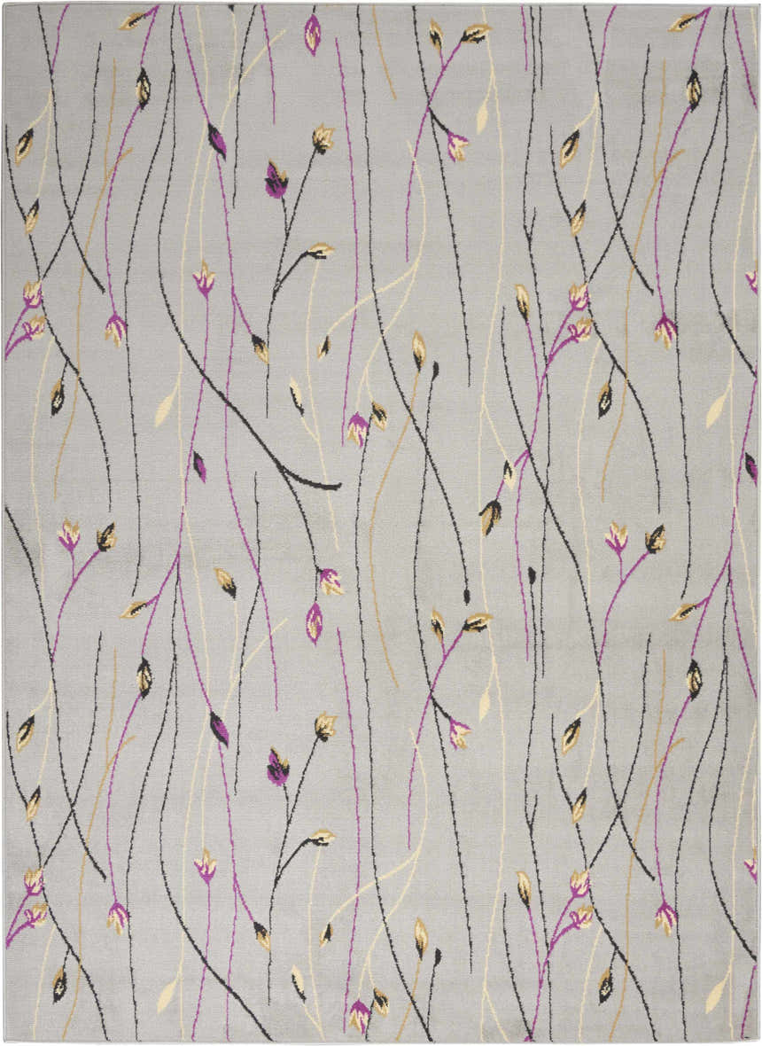 Close-up of Nourison Grafix Grey rug with a contemporary floral vine pattern in gray, purple, gold, and black.