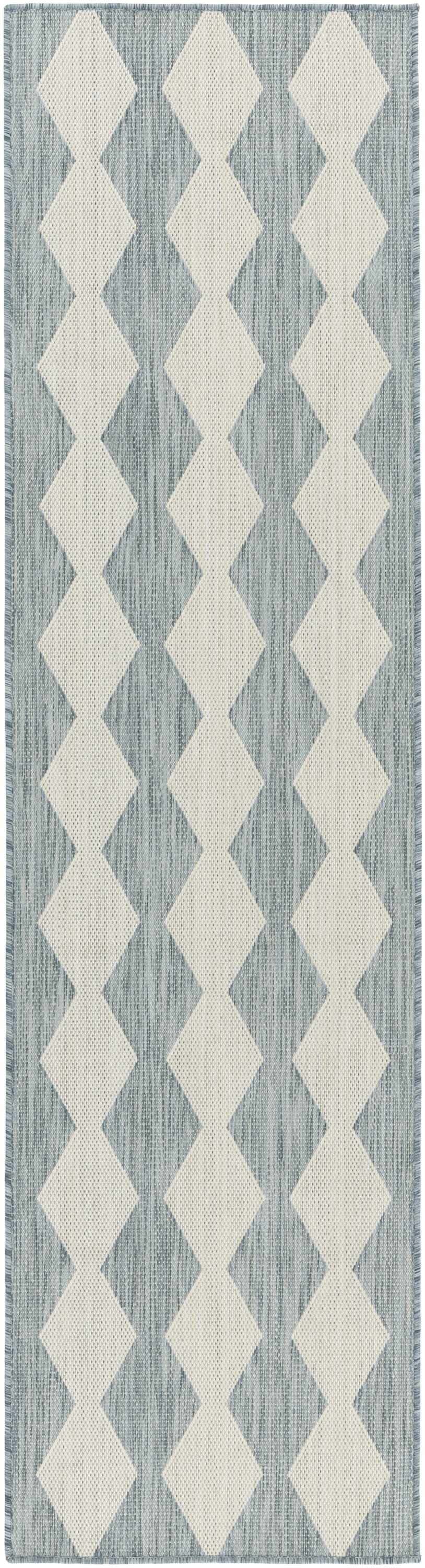 Close-up of Nourison Positano Aqua rug showing geometric diamond pattern in cream and aqua. Machine-made texture detail.