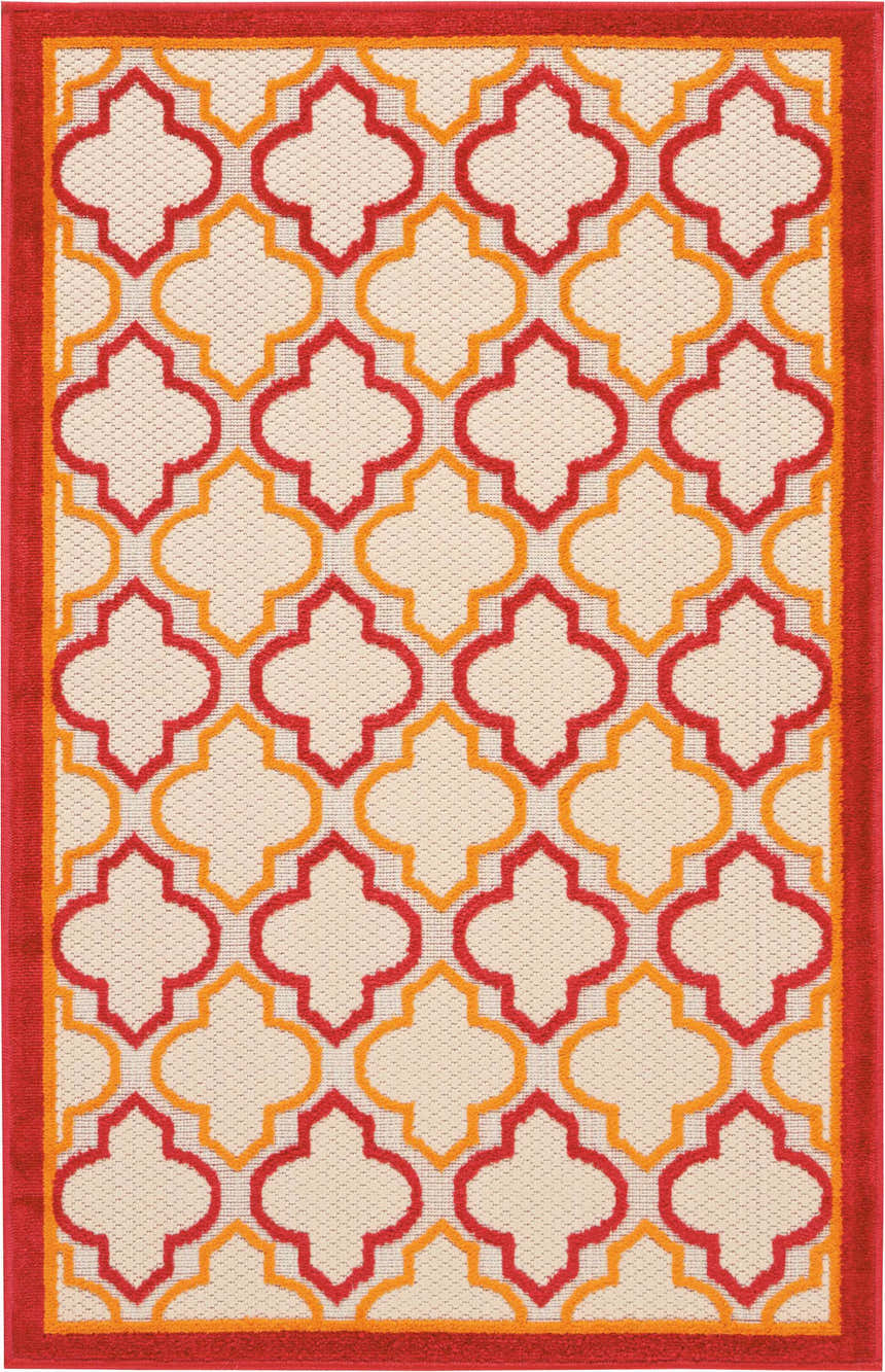 Close-up of Nourison Aloha Red Outdoor Area Rug with red and orange quatrefoil pattern on a cream background.