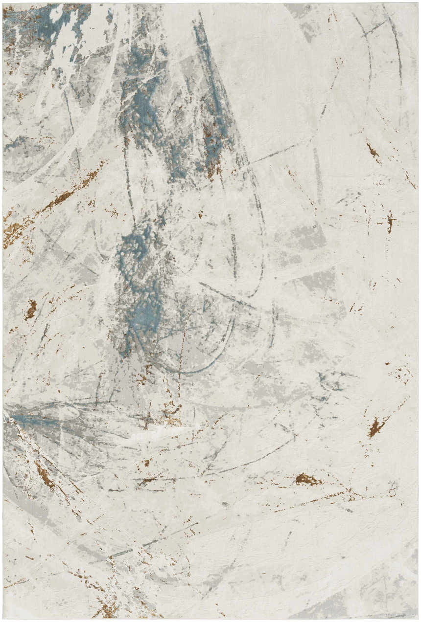 Close-up of Nourison Desire Ivory Grey Blue rug. Abstract design with chestnut accents and subtle texture.