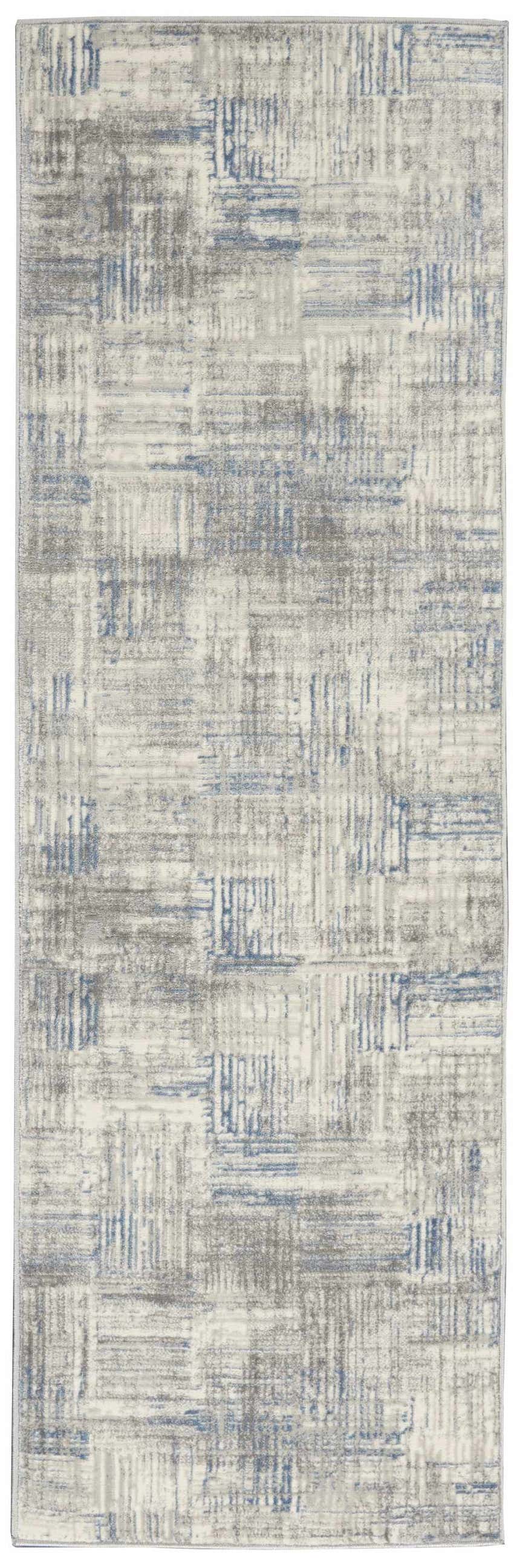 Close-up of Nourison Solace Ivory Grey Blue rug. Abstract, modern design with high pile texture. Machine-made rectangle shape.