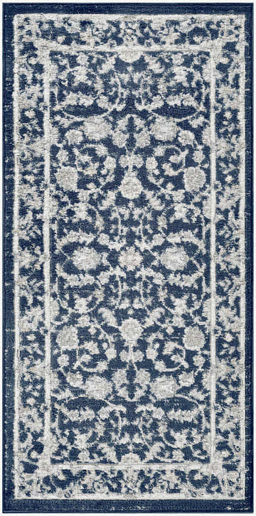 Close-up of the Nourison Dekor Slate/Ivory rug. Vintage style, high pile texture, chestnut and ivory floral pattern.