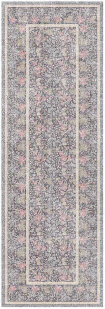 Close-up of Nourison Botanical s Charcoal Multicolor rug. Farmhouse style runner with floral pattern in taupe, pink, and green.