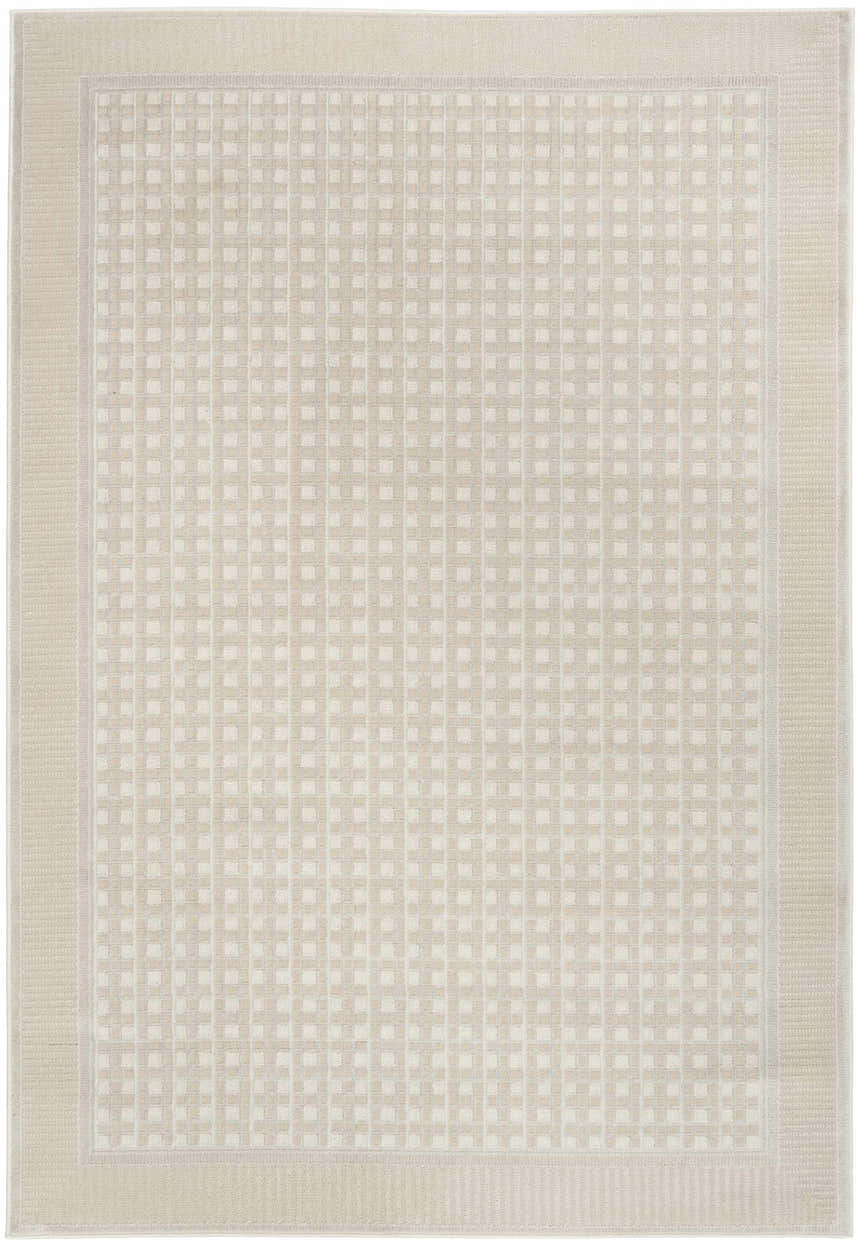 Close-up of the beige Nourison Nordic Rug featuring a subtle geometric square pattern and textured border.