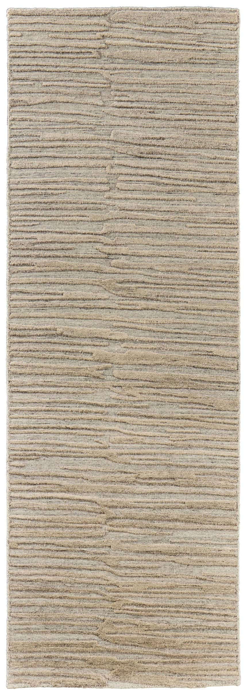 Close-up of the Feizy Braeside rug. Taupe and gray, hand-woven wool and viscose with a transitional abstract design. Design-Runner