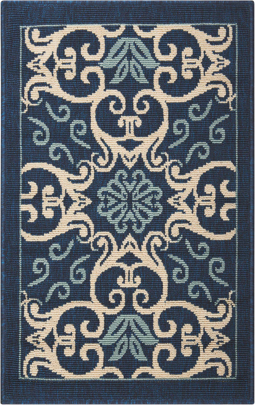 Close-up of the Nourison Caribbean Navy Contemporary Area Rug featuring a floral and scroll pattern in navy, cream, and light blue.