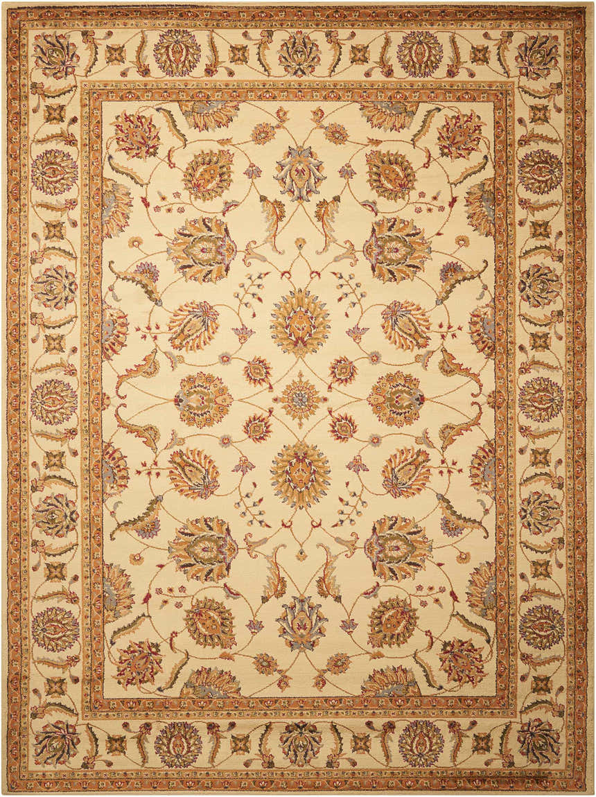 Close-up of Nourison Paramount Beige Persian Area Rug. Features a floral pattern and a decorative border.